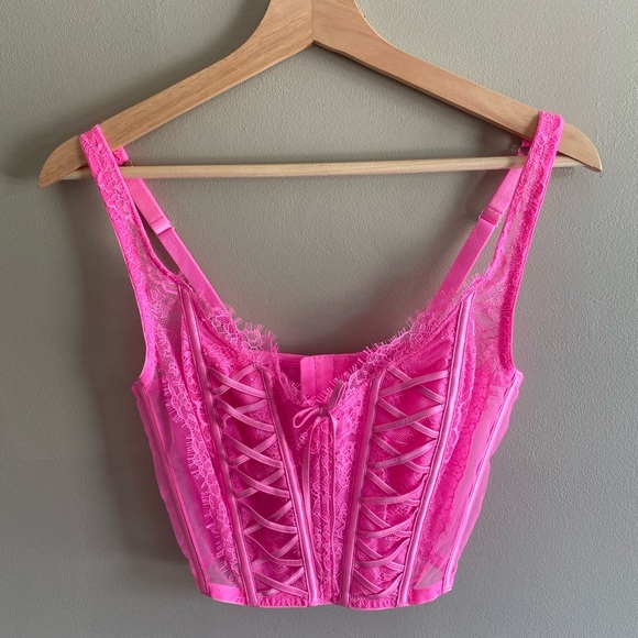 Victoria's Secret Other - VICTORIA'S SECRET DREAM ANGELS PINK UNLINED LACE UP BRA‎ CORSET TOP M DD New